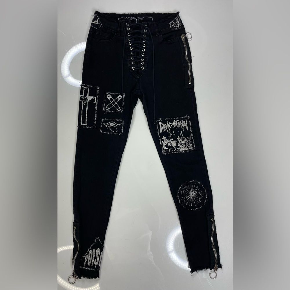Black Gothic Patchwork Lace-Up Women's Jeans